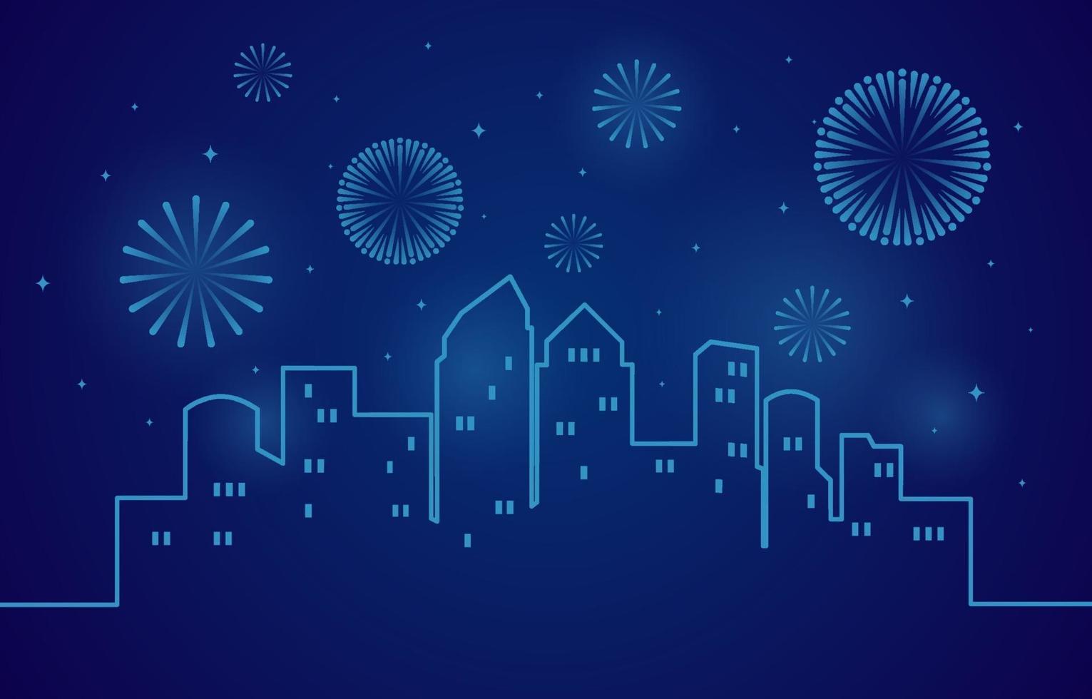 bonne année scène avec feux d'artifice sur une ligne d'horizon de la ville stylisée vecteur