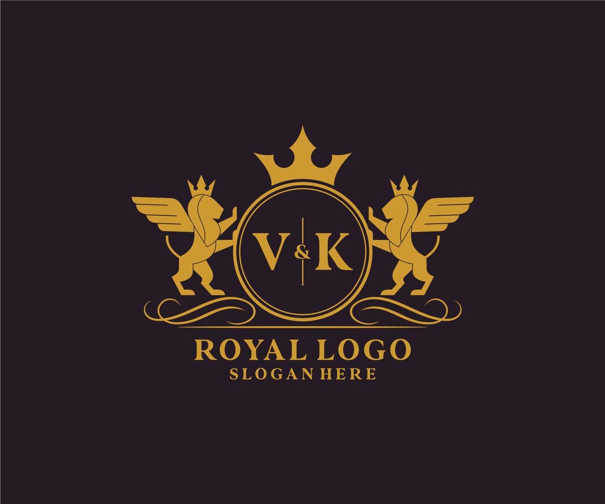 initiale vk lettre Lion Royal luxe héraldique, crête logo modèle dans vecteur art pour restaurant, royalties, boutique, café, hôtel, héraldique, bijoux, mode et autre vecteur illustration.