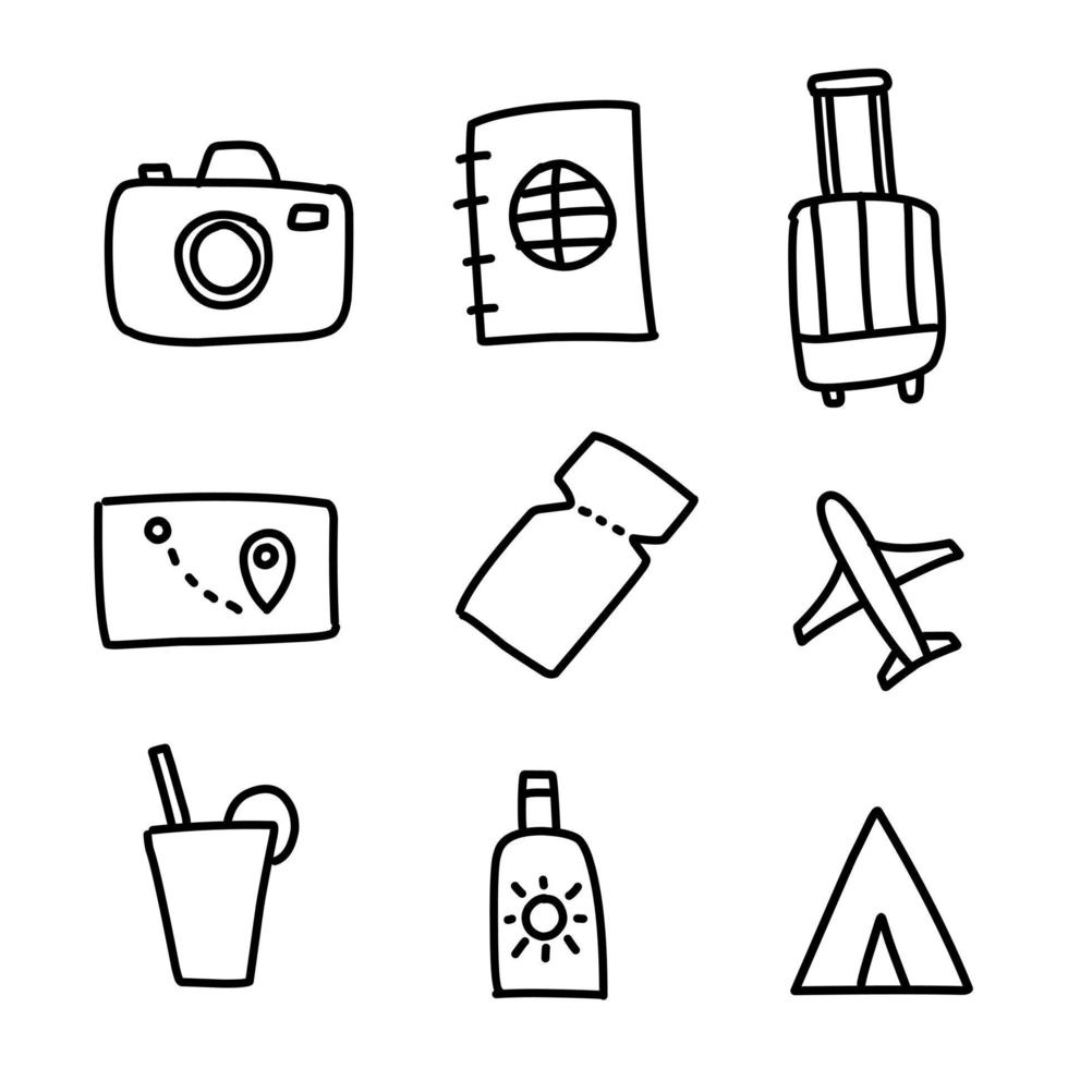 ensemble de main tiré Voyage icône ou symboles vecteur illustration dans ligne art style sur blanc Contexte