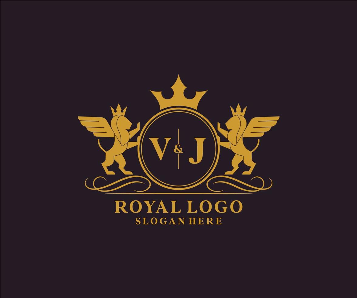 initiale vj lettre Lion Royal luxe héraldique, crête logo modèle dans vecteur art pour restaurant, royalties, boutique, café, hôtel, héraldique, bijoux, mode et autre vecteur illustration.