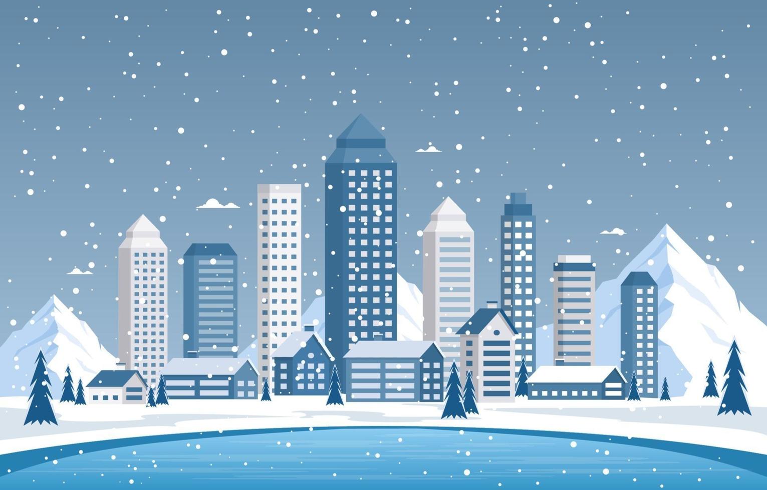 scène de ville d'hiver enneigée avec skyline, maisons et lac gelé vecteur