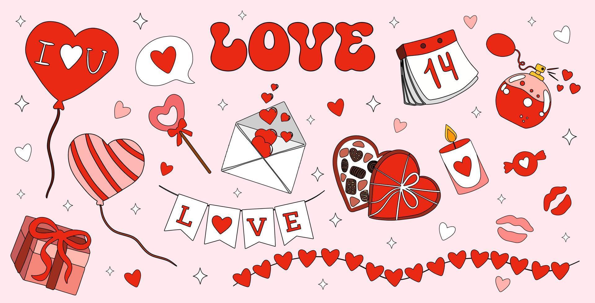 vecteur dessin animé rétro objets et éléments pour la Saint-Valentin journée cartes.