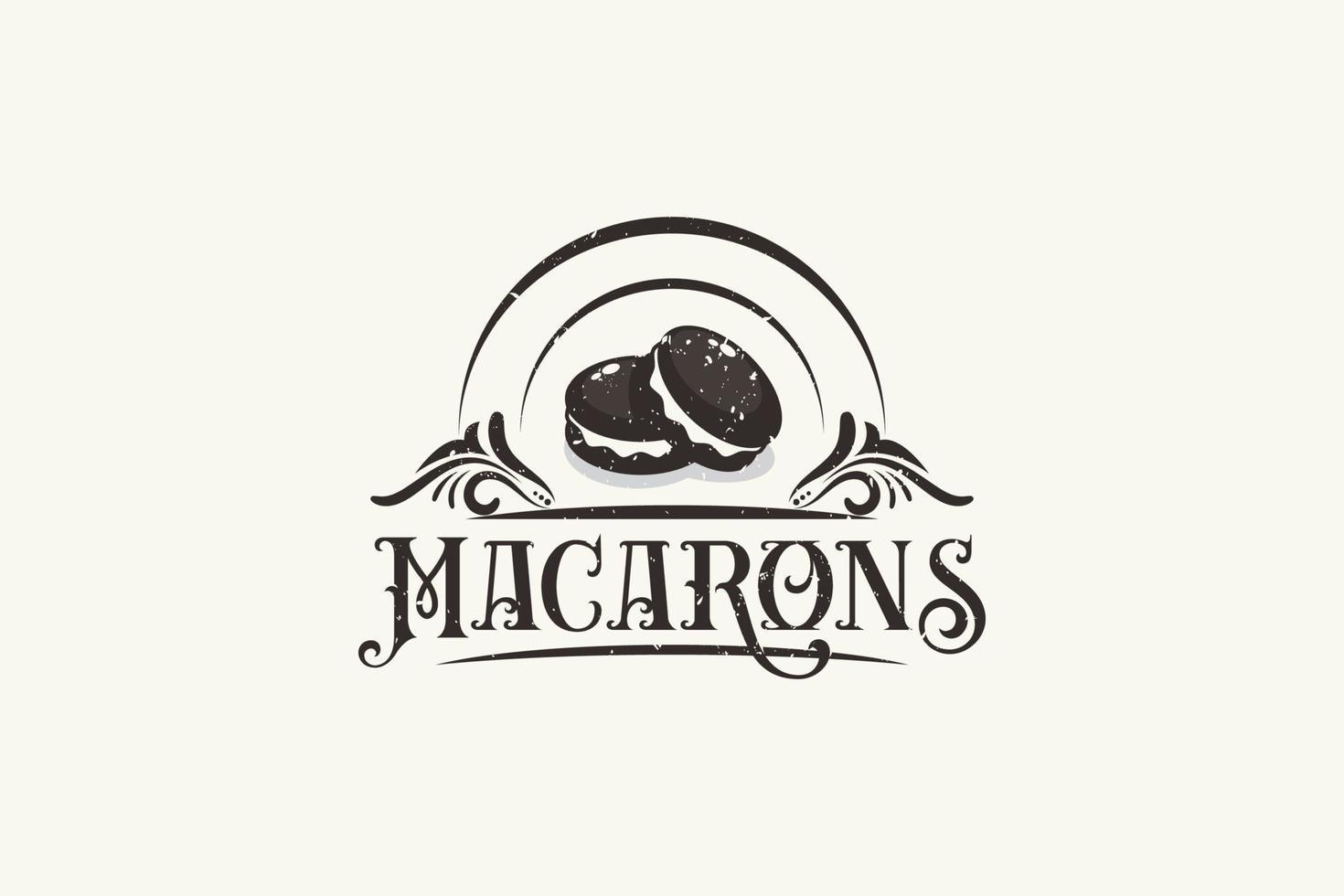 macarons logo dans ancien style avec deux macarons et floral éléments pour tout entreprise, surtout pâtisserie, boulangerie, café, etc. vecteur