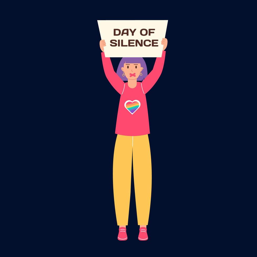 lgbt journée de silence. une femme détient une bannière avec le une inscription journée de silence vecteur