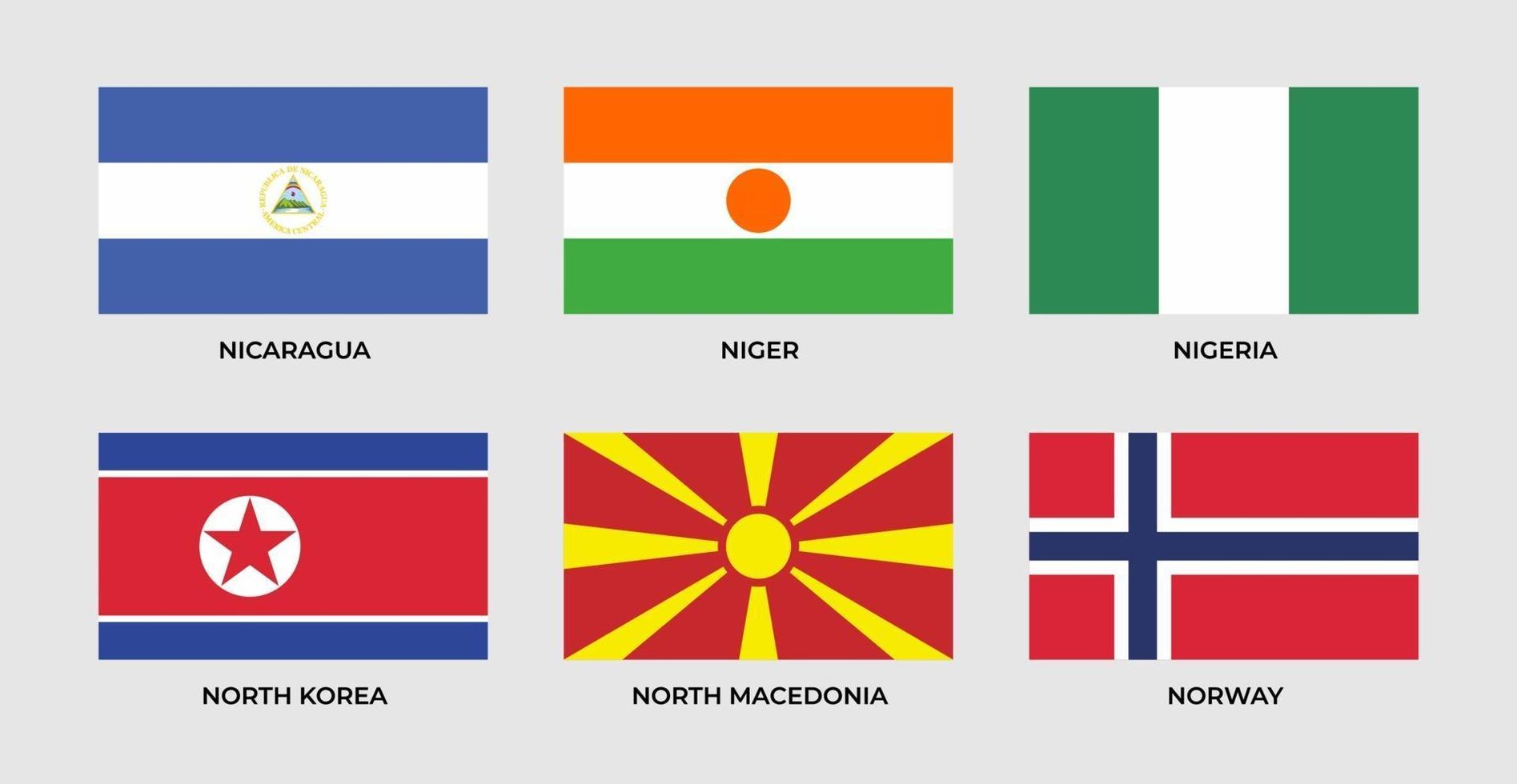 Définir le drapeau du nicaragua, niger, nigeria, afrique du nord, macédoine du nord, norvège vecteur