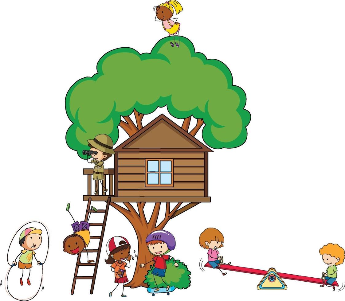cabane dans les arbres avec de nombreux enfants pratiquant différentes activités vecteur