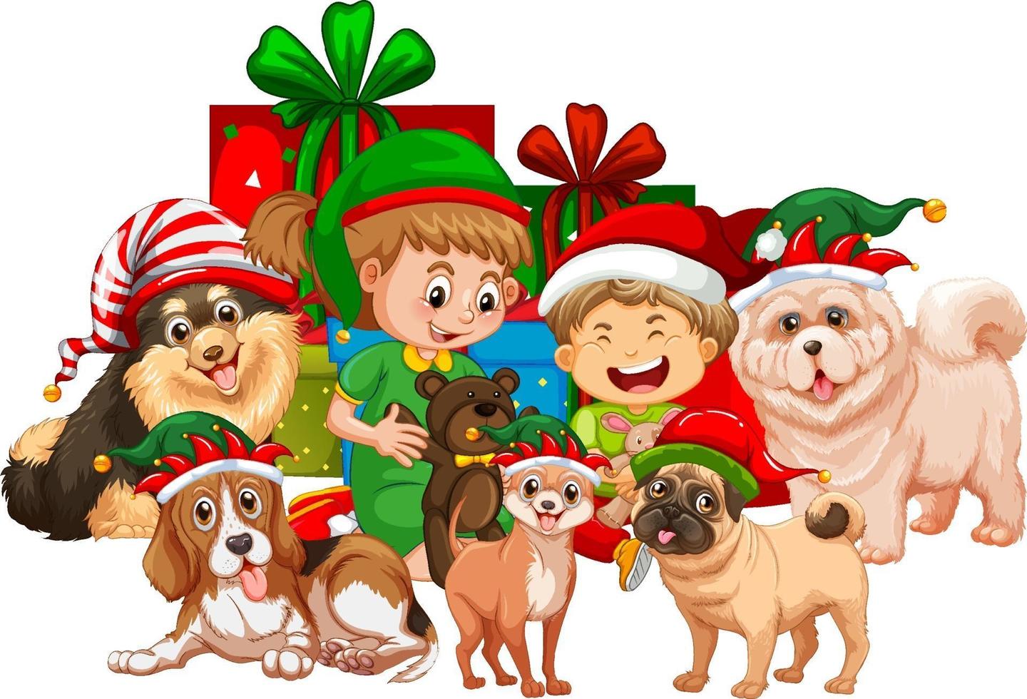 Groupe d'enfants avec leur chien avec élément de Noël sur fond blanc vecteur