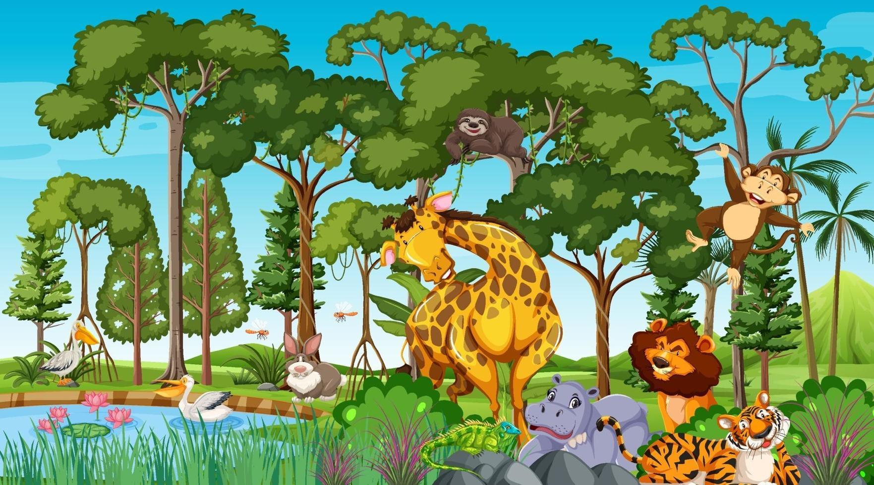 personnage de dessin animé animal sauvage dans la scène de la forêt vecteur