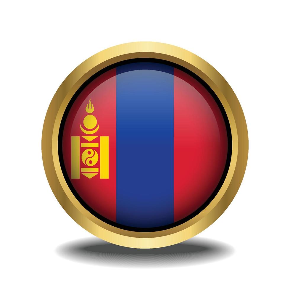 Mongolie drapeau cercle forme bouton verre dans Cadre d'or vecteur