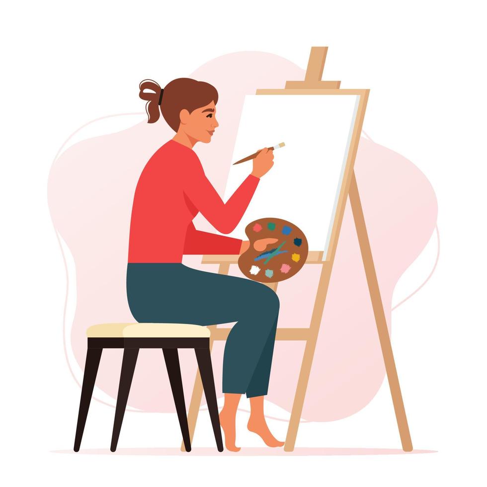femme artiste dessin sur chevalet dans atelier studio ou à maison. plat vecteur illustration