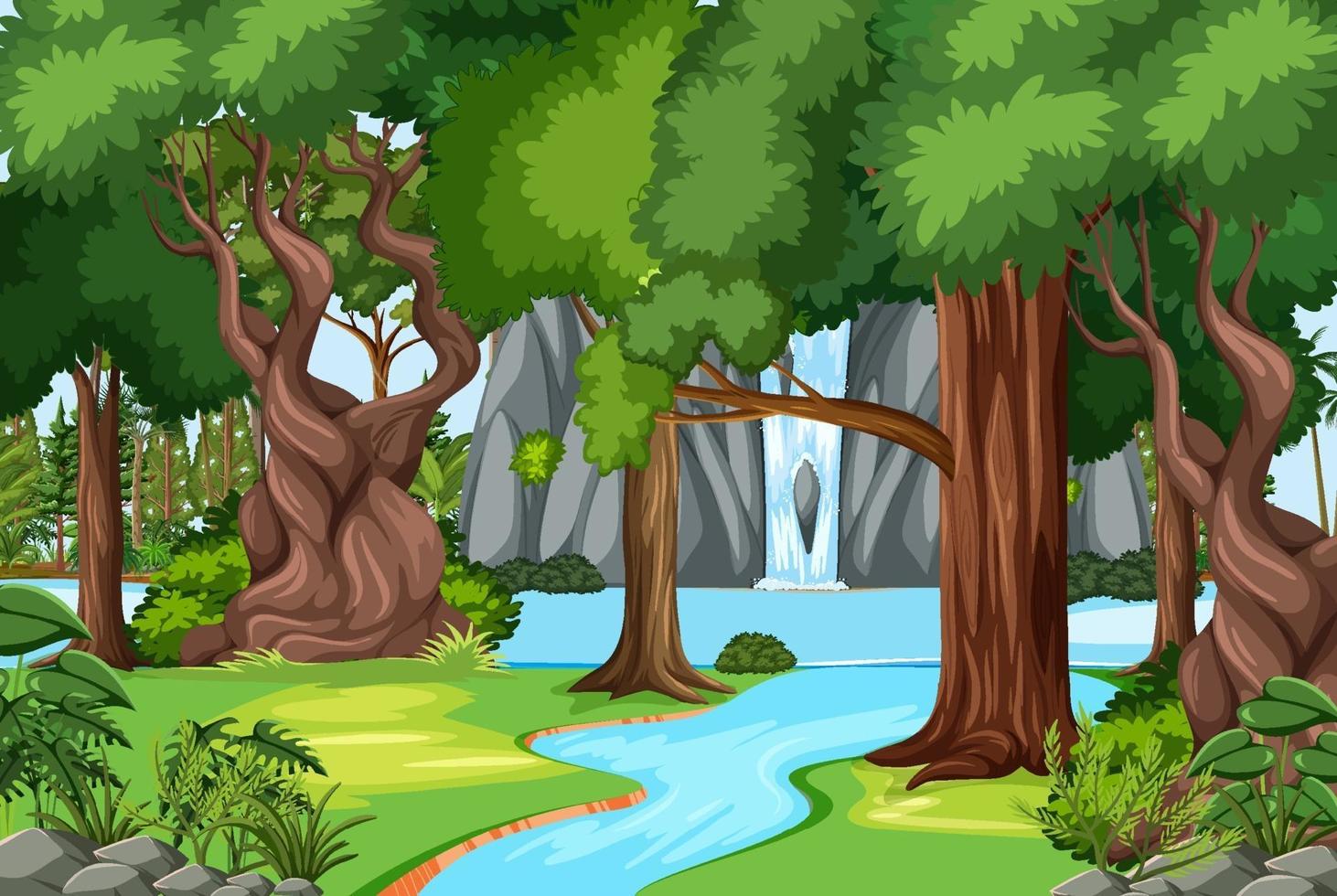 scène de forêt avec cascade et nombreux arbres vecteur