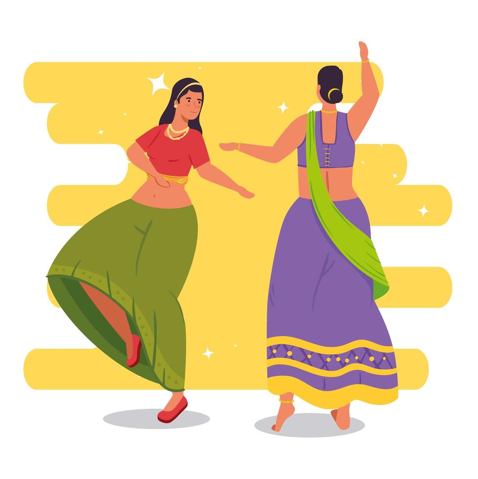 Groupe de femmes indiennes avec des vêtements traditionnels dansant vecteur