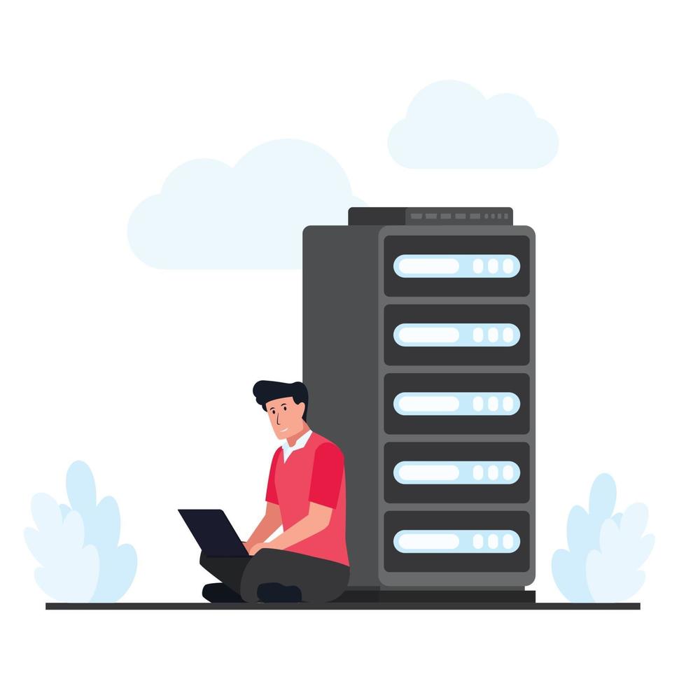 l'homme s'assoit et corrige l'hébergement cloud sur le serveur vecteur