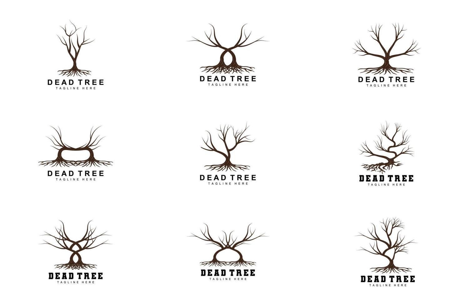 création de logo d'arbre, illustration d'arbre mort, coupe d'arbre sauvage, vecteur de réchauffement climatique, sécheresse de la terre, icônes de marque de produit