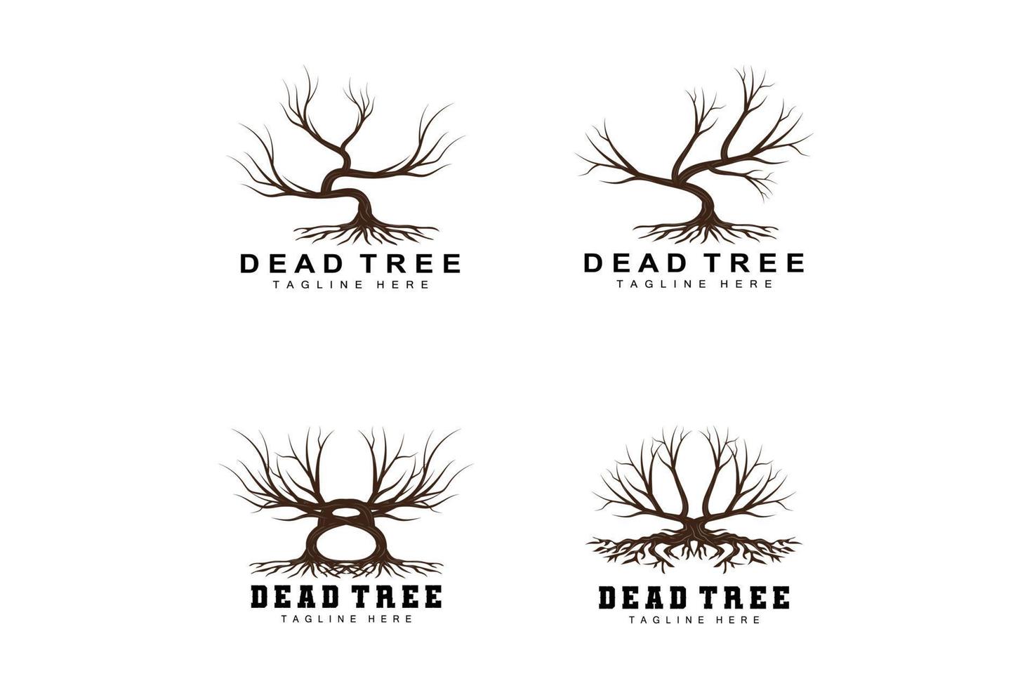 création de logo d'arbre, illustration d'arbre mort, coupe d'arbre sauvage, vecteur de réchauffement climatique, sécheresse de la terre, icônes de marque de produit