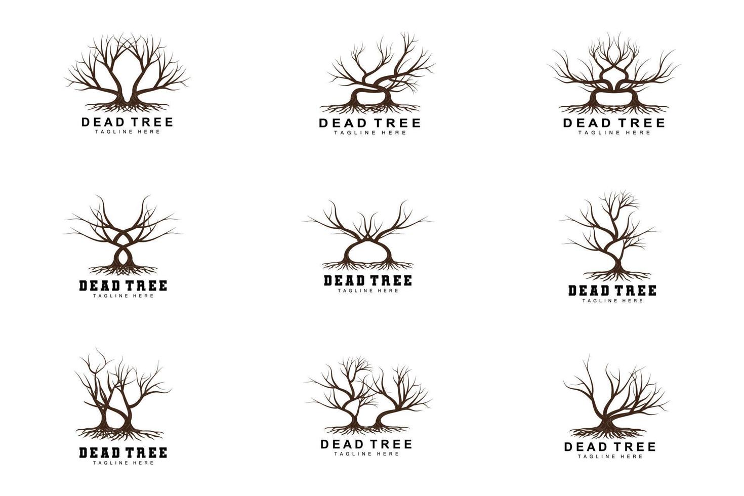 création de logo d'arbre, illustration d'arbre mort, coupe d'arbre sauvage, vecteur de réchauffement climatique, sécheresse de la terre, icônes de marque de produit