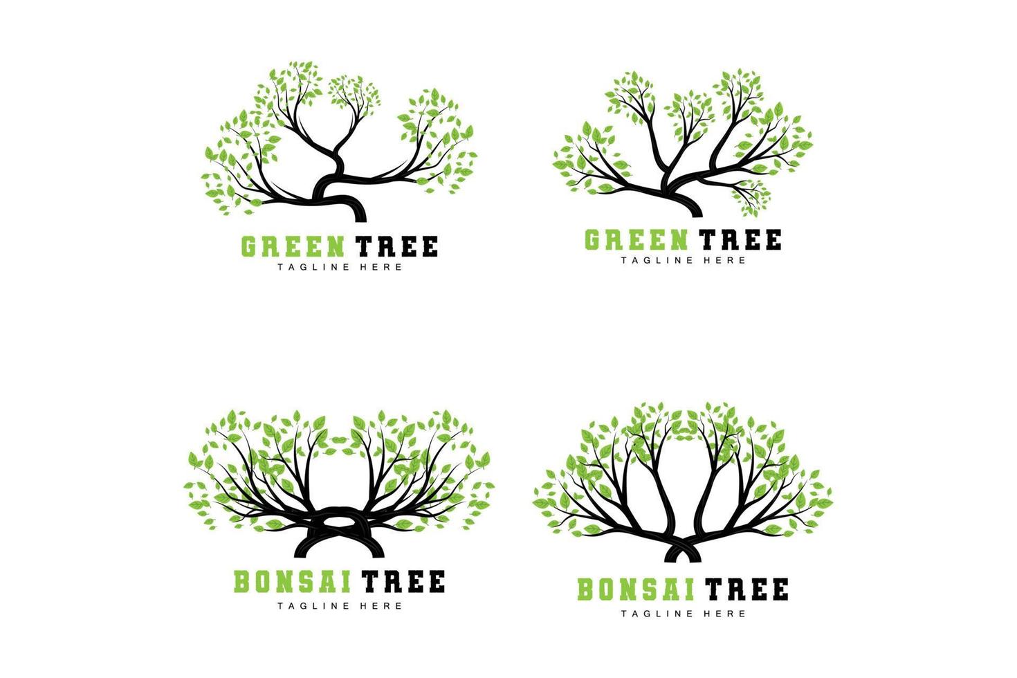 création de logo d'arbre vert, illustration de logo de bonsaï, vecteur de feuilles et de bois