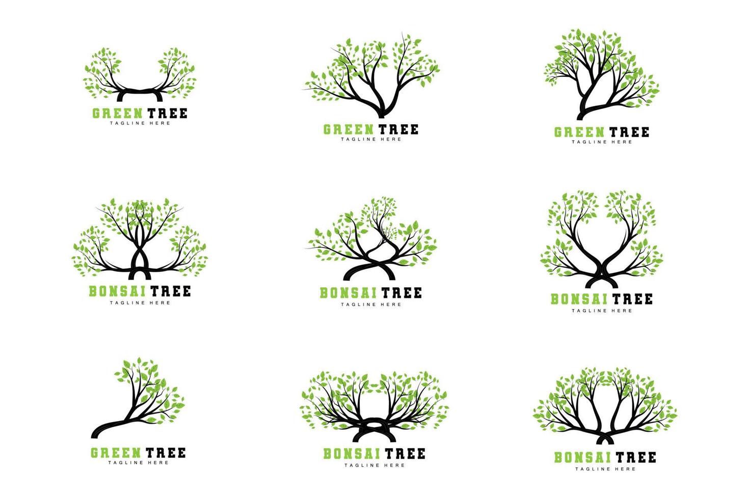 création de logo d'arbre vert, illustration de logo de bonsaï, vecteur de feuilles et de bois