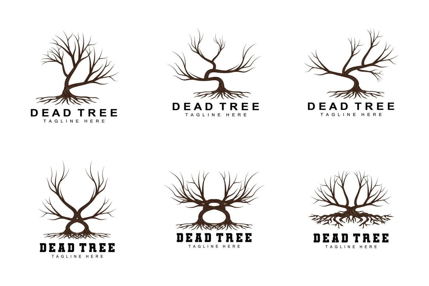 création de logo d'arbre, illustration d'arbre mort, coupe d'arbre sauvage, vecteur de réchauffement climatique, sécheresse de la terre, icônes de marque de produit