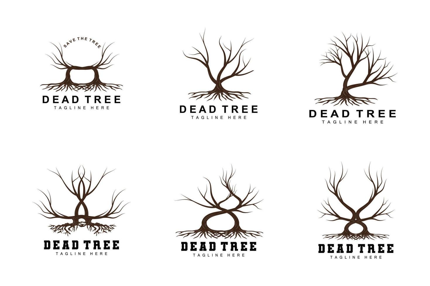 création de logo d'arbre, illustration d'arbre mort, coupe d'arbre sauvage, vecteur de réchauffement climatique, sécheresse de la terre, icônes de marque de produit