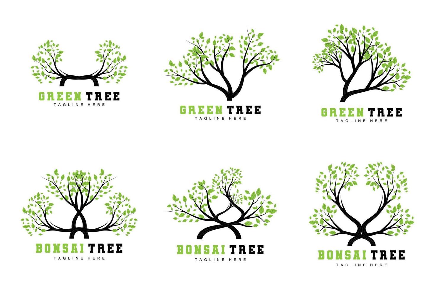 création de logo d'arbre vert, illustration de logo de bonsaï, vecteur de feuilles et de bois