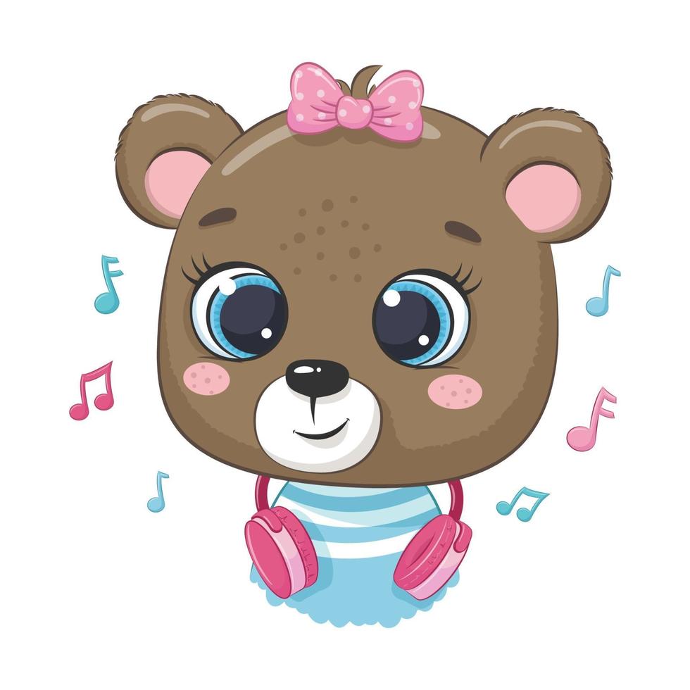 fille mignonne ours de dessin animé avec un casque écoute de la musique vecteur