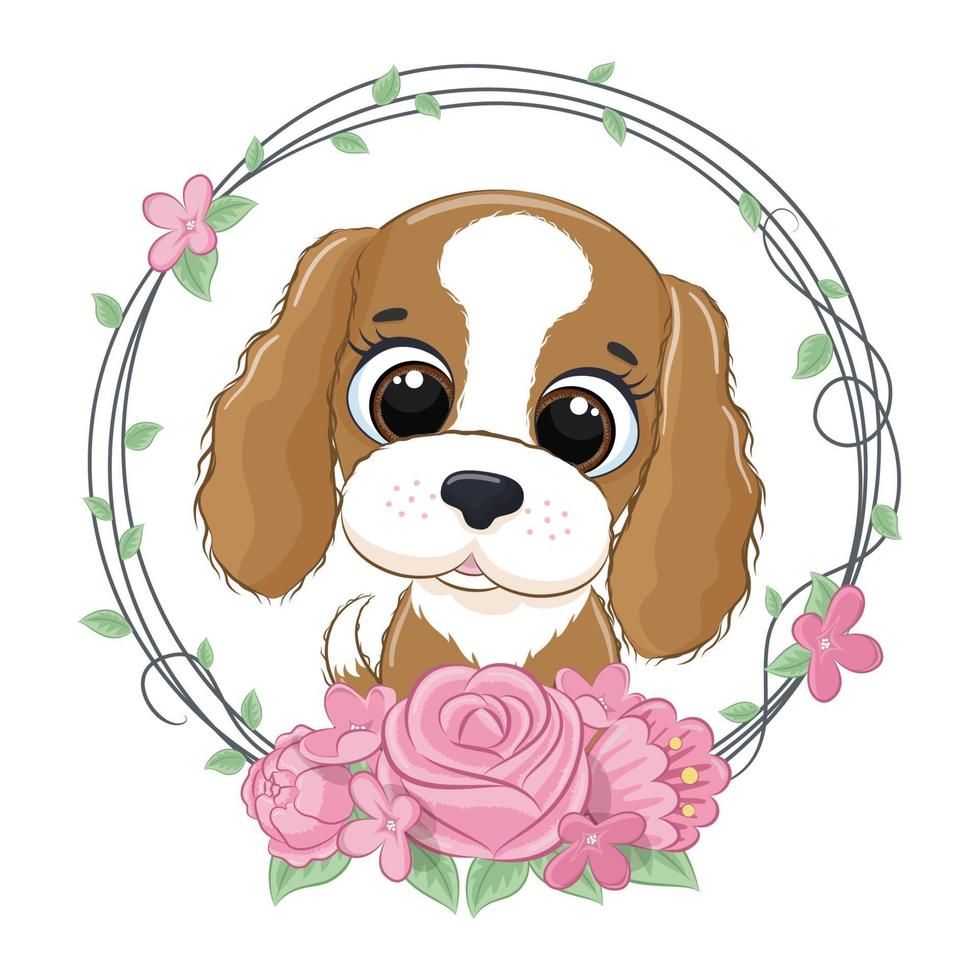 mignon bébé chien d'été avec une couronne de fleurs. illustration vectorielle vecteur