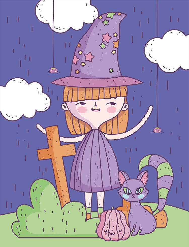 jolie affiche d'halloween avec petite sorcière vecteur
