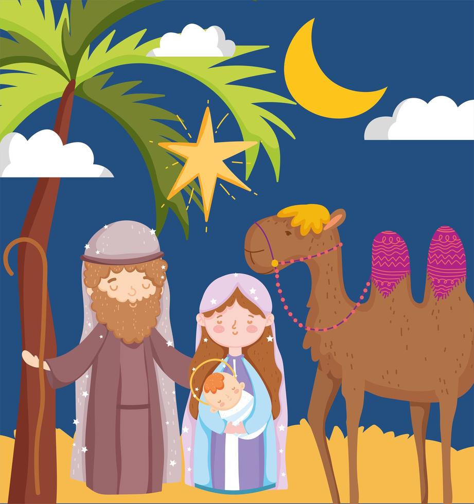 joyeux noël et affiche de la nativité avec la famille sacrée vecteur