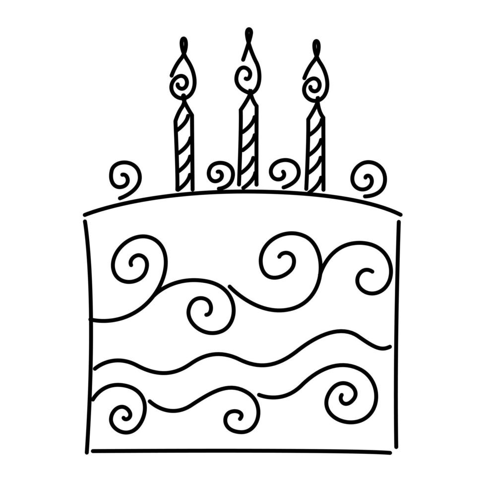 anniversaire gâteau ligne dessin, griffonnage anniversaire gâteau, noir ligne sur blanc Contexte vecteur