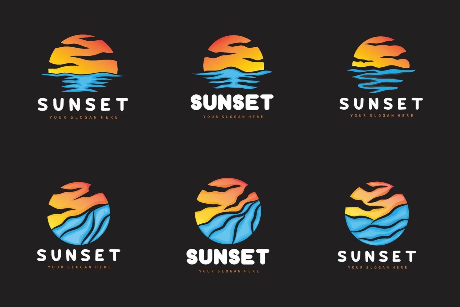 logo du coucher du soleil, conception de la plage, illustration de la rivière et du soleil, image vectorielle profitant du crépuscule vecteur