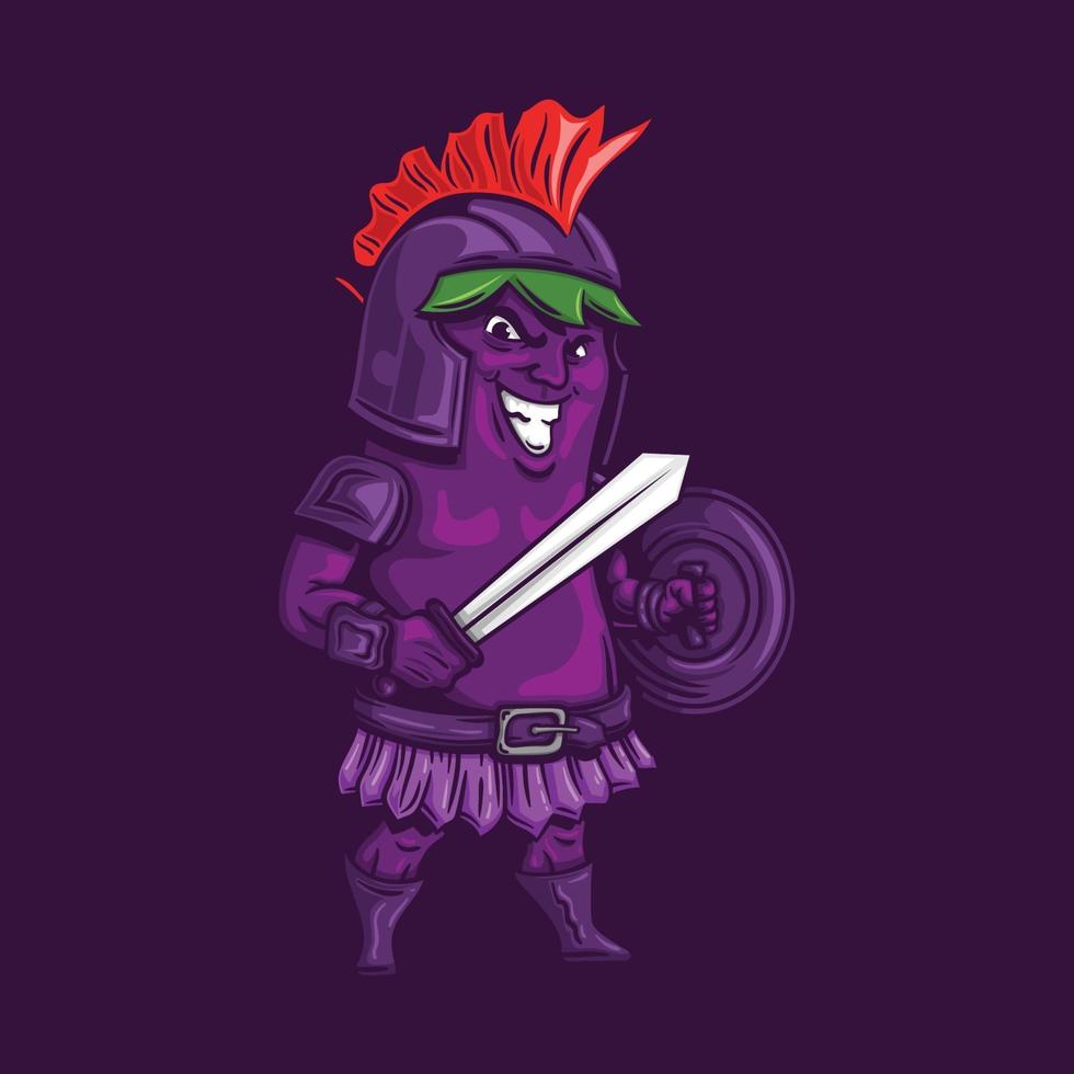 mascotte de caractère logo aubergine spartiate en style cartoon vecteur