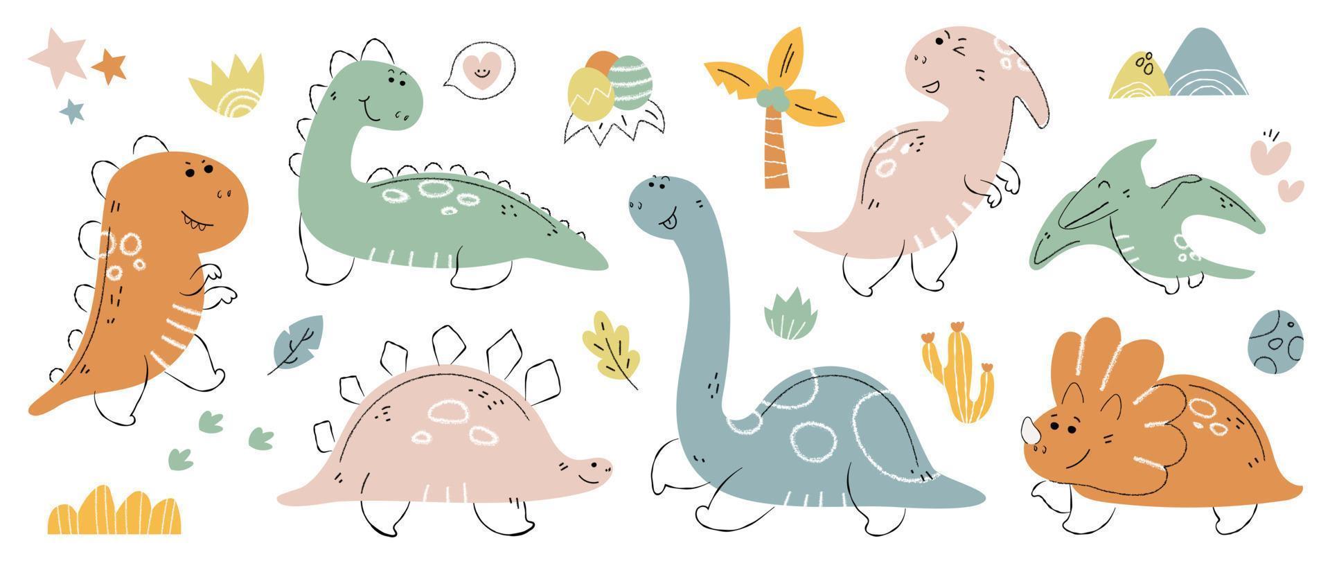 mignonne dinosaures vecteur ensemble. main tiré griffonnage tricératops, stégosaure, tyrannosaure, diplodocus, ptérosaure. dinosaure bande dessinée personnage conception pour enfants, imprimer, vêtements, affiche, éducation, ludo-éducatif.