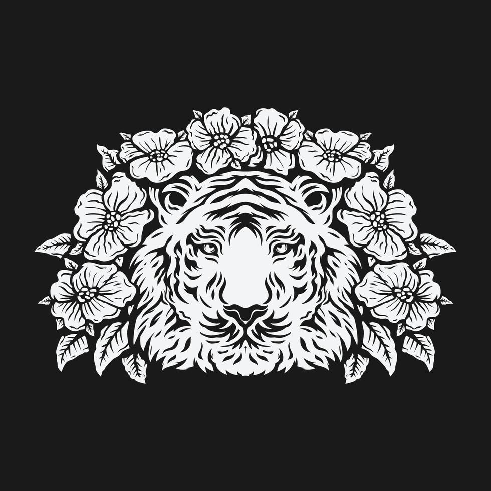 tête de tigre entourée de fleur rose. dessin noir et blanc. illustration vectorielle vecteur