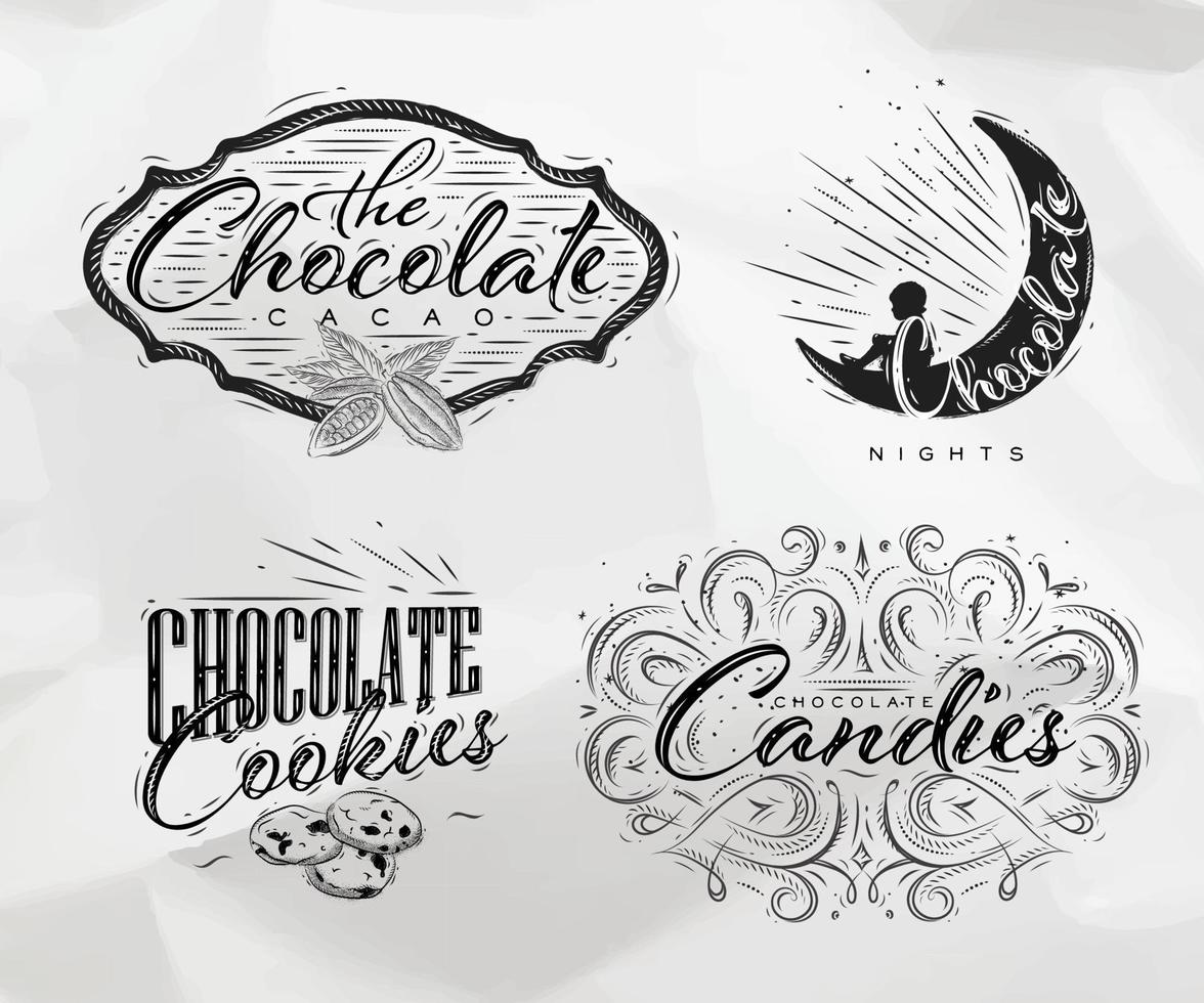 ensemble Chocolat Étiquettes dans ancien style caractères le Chocolat cacao, choco nuit, biscuits, des sucreries dessin sur froissé papier Contexte vecteur