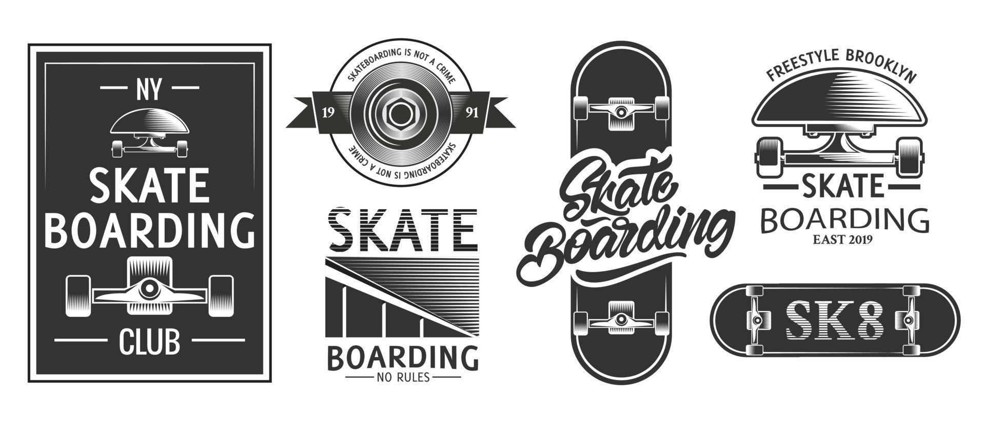 logos ou emblèmes de skateboard dans un style monochrome. conception de t-shirt affiche de planche à roulettes. vecteur