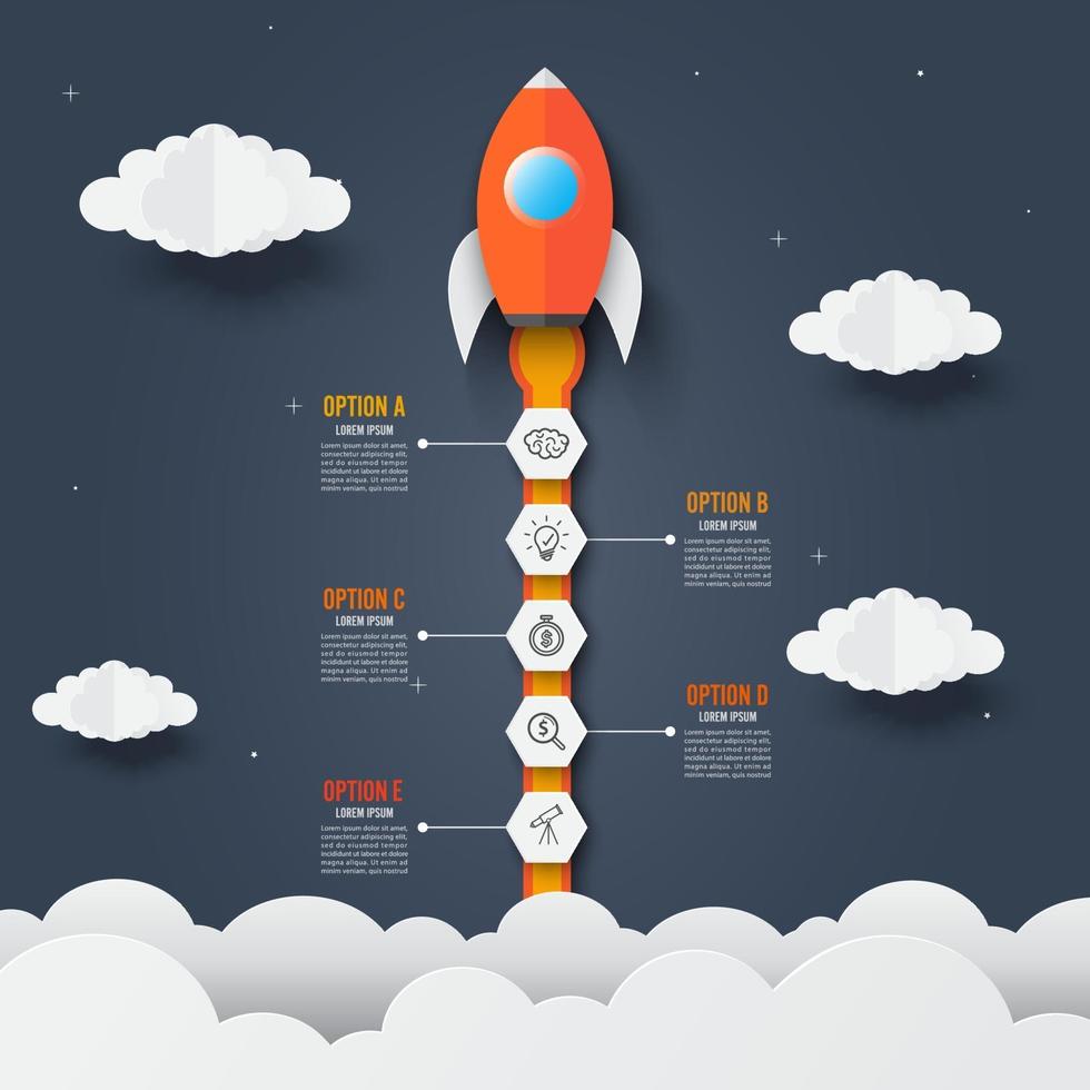 modèle d'infographie de fusée à travers les nuages. concept d'entreprise de démarrage réussi. utilisé pour la conception Web et la mise en page de flux de travail. vecteur