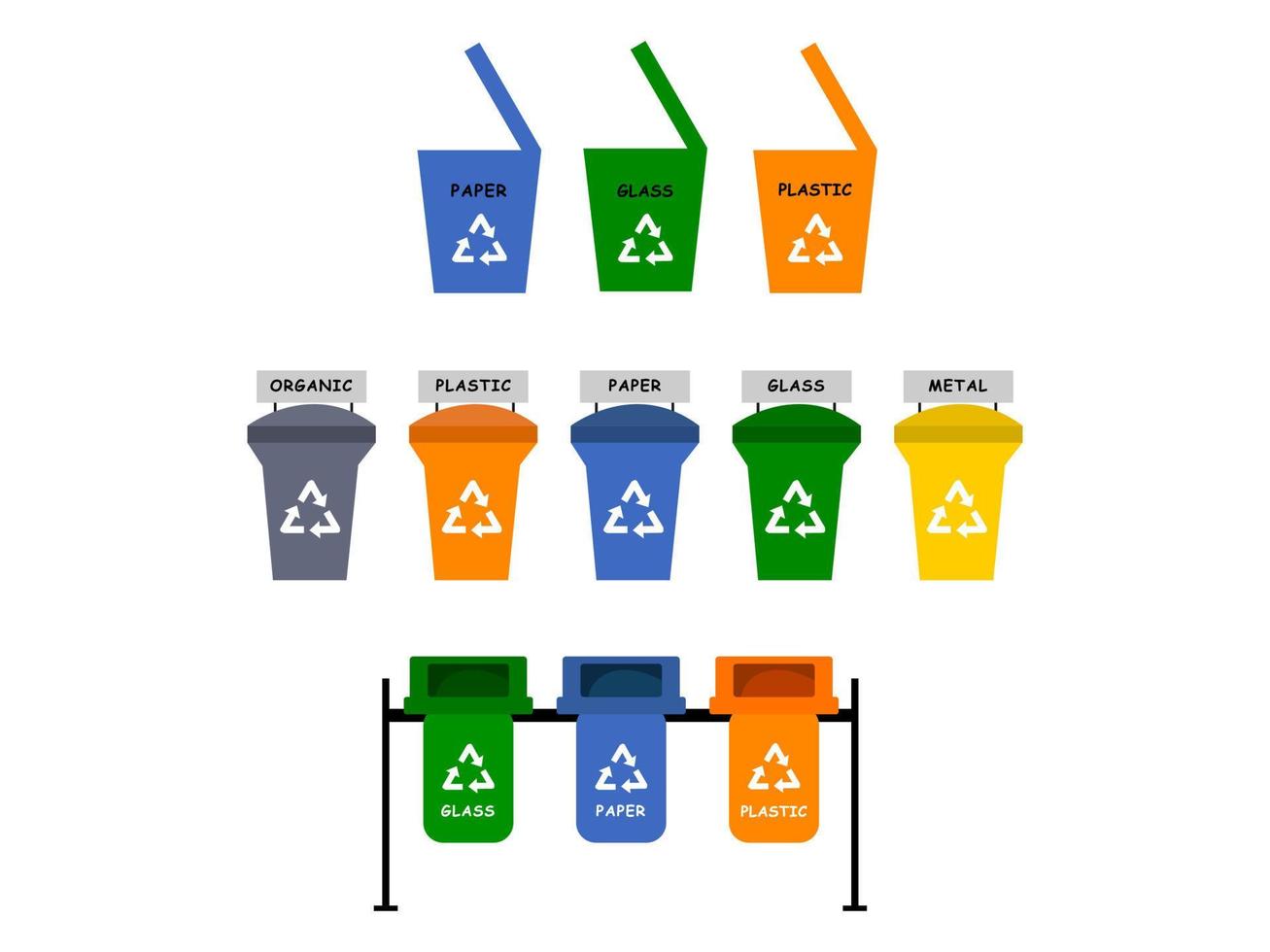 déchets séparation. vecteur ensemble avec différent poubelle canettes. déchets tri par Matériel et type dans coloré poubelle canettes. séparation et recyclage de des ordures vecteur infographie. ordures, écologique poubelle.