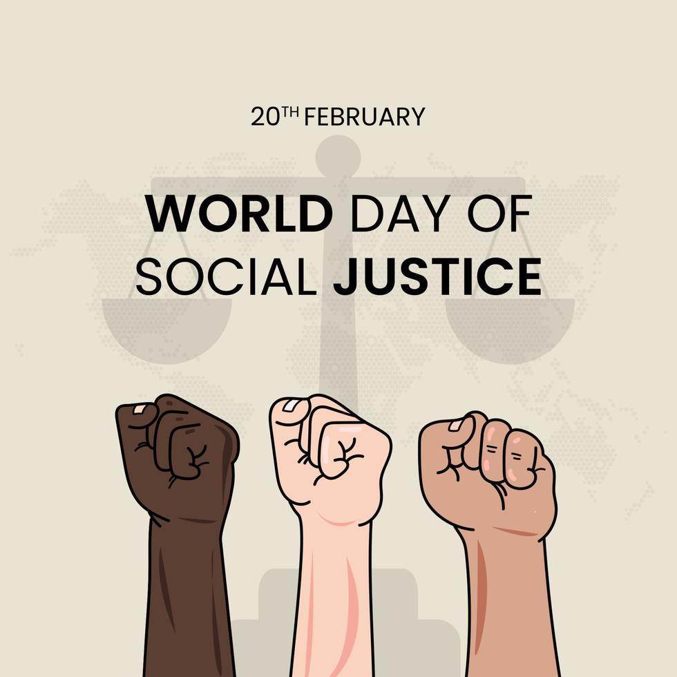 monde journée de social Justice avec serré les poings de divers les courses et peau couleurs. février 20. vacances concept. modèle pour arrière-plan, bannière, carte, pos. vecteur