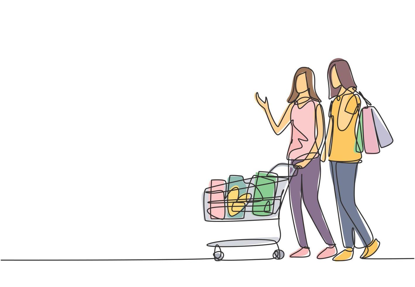 une ligne continue dessinant deux femmes amies heureuses poussant un chariot et tenant des sacs en papier lors de leurs achats ensemble au super marché. shopping dans le concept d'hypermarché. illustration de conception de dessin à une seule ligne vecteur