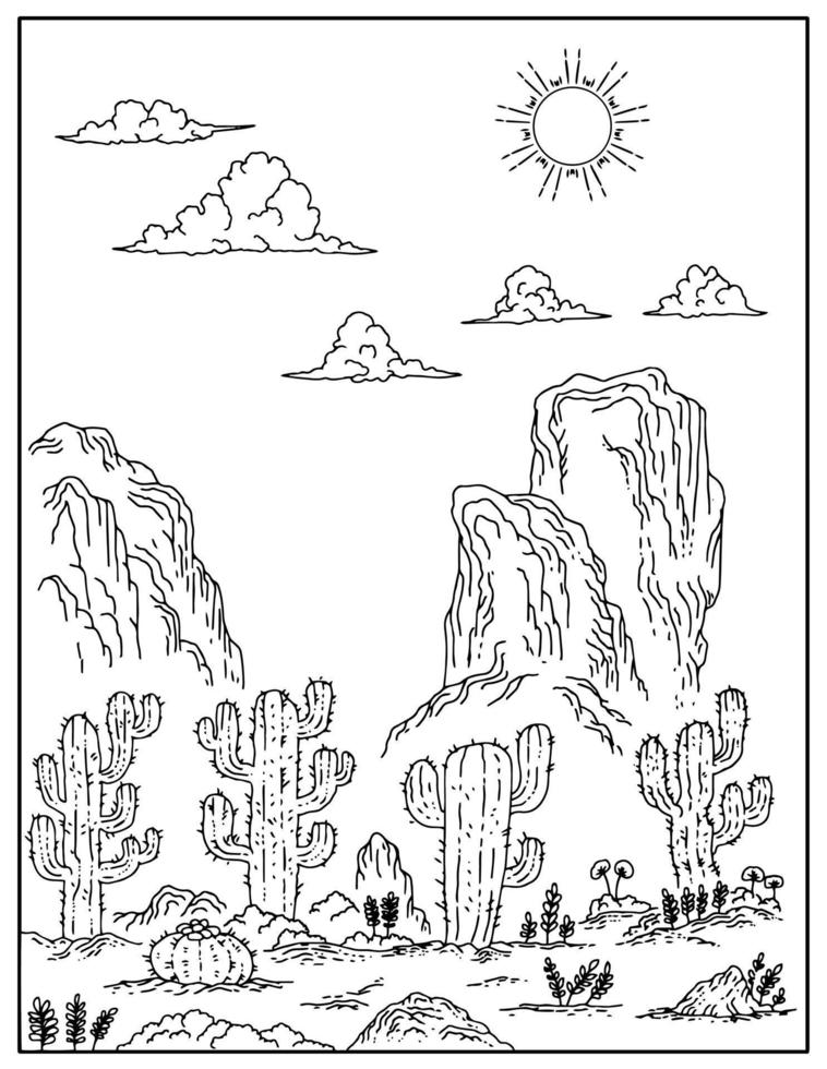 main dessin désert cactus paysage coloration page pour enfant vecteur