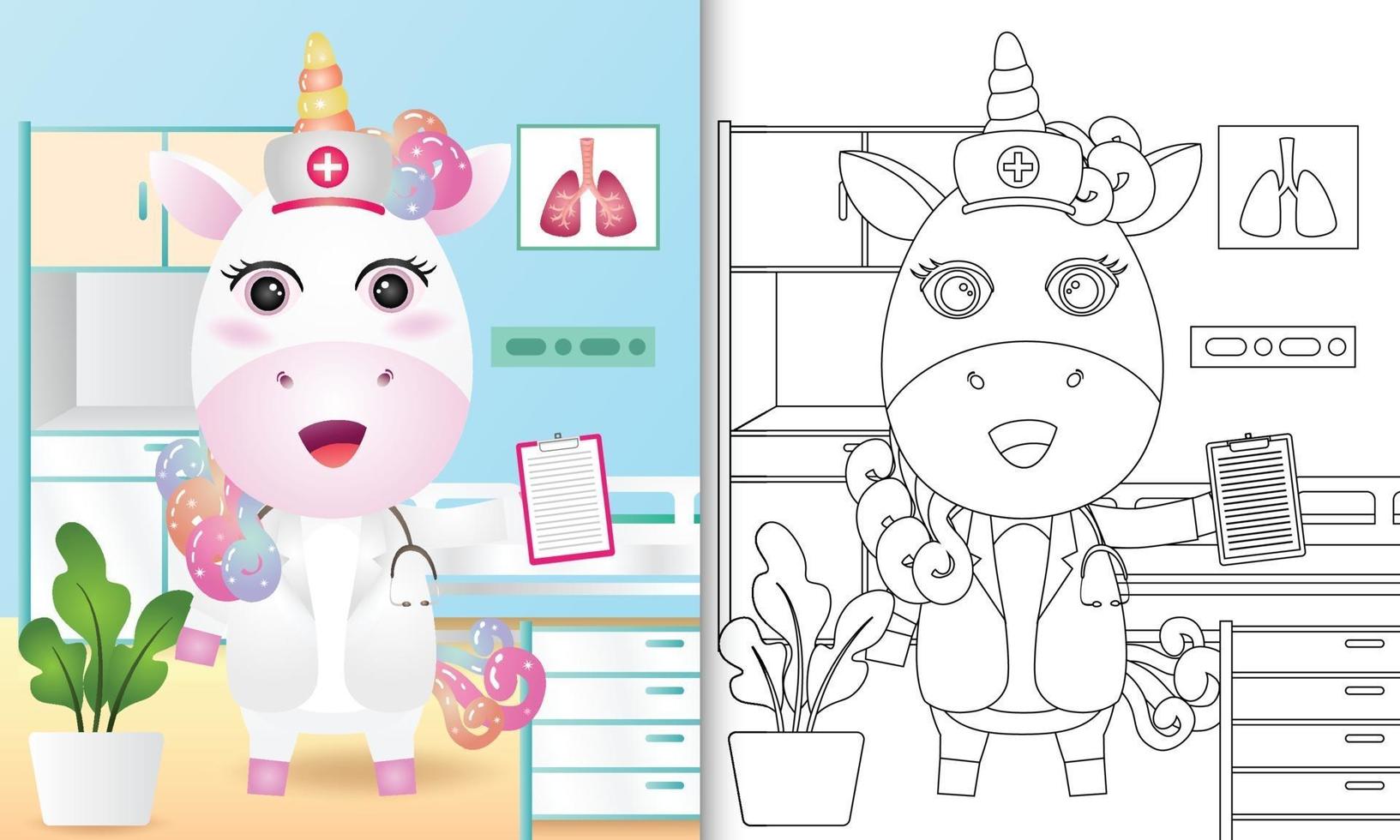 livre de coloriage pour les enfants avec une jolie illustration de personnage infirmière licorne vecteur