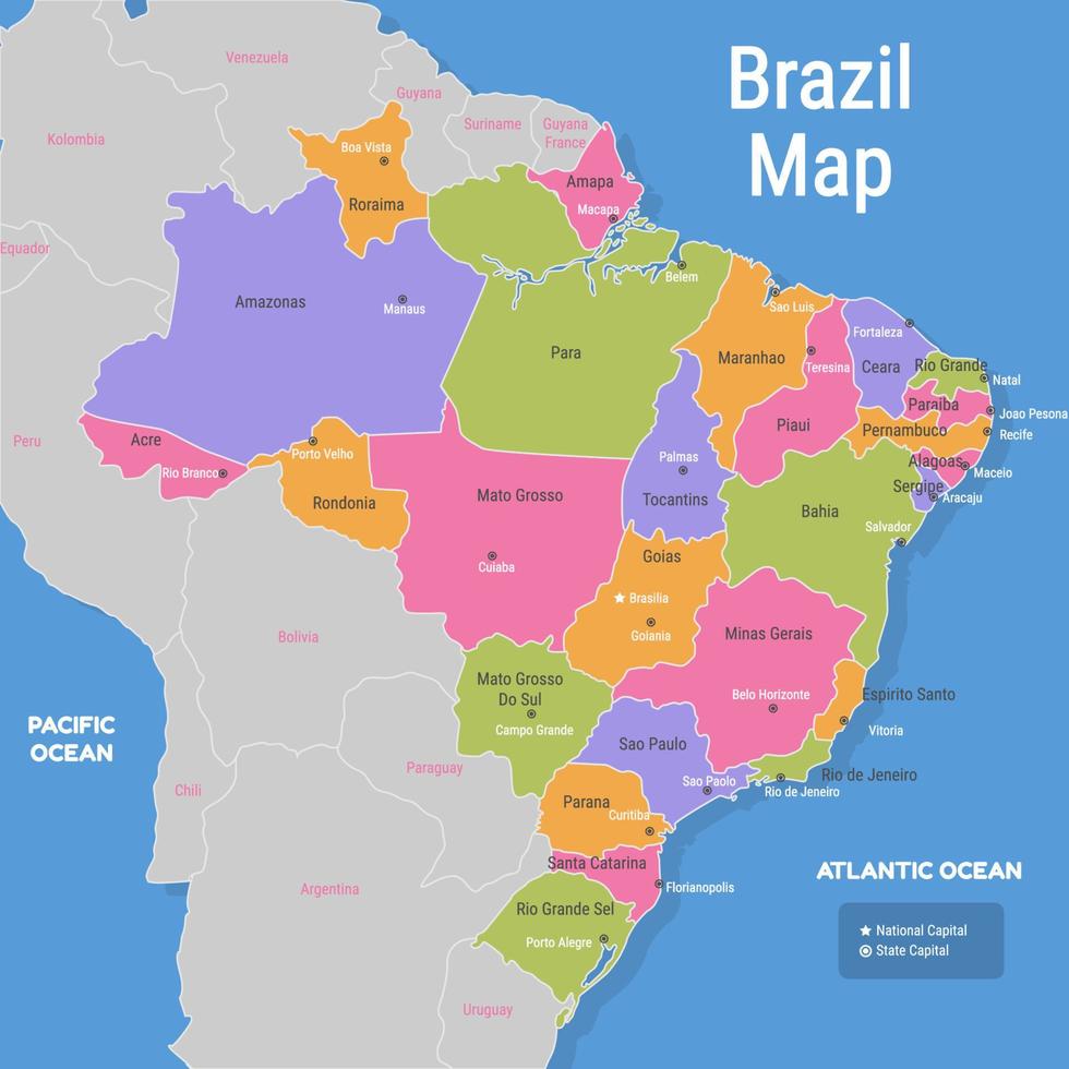 coloré Brésil carte avec alentours les frontières vecteur