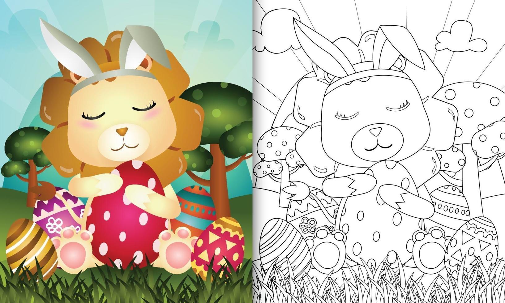 livre de coloriage pour les enfants sur le thème de Pâques avec un lion mignon utilisant des oreilles de lapin vecteur