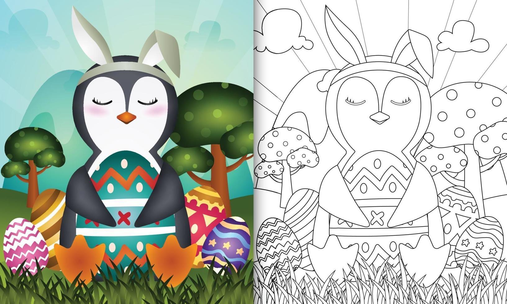 livre de coloriage pour les enfants sur le thème de Pâques avec un pingouin mignon utilisant des oreilles de lapin vecteur