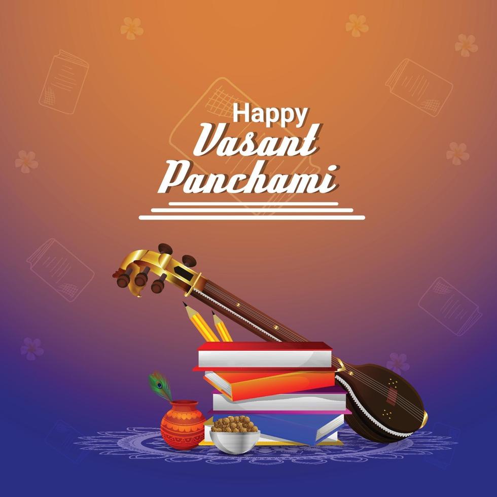 fond créatif vasant panchami avec veena et livres vecteur