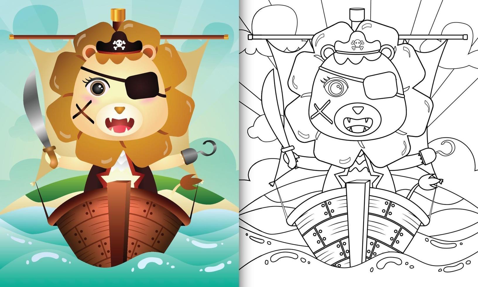 livre de coloriage pour les enfants avec une illustration de personnage de lion pirate mignon sur le navire vecteur
