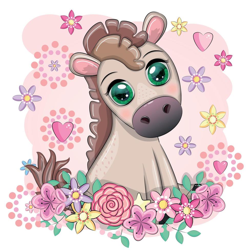 cheval de dessin animé mignon, poney pour carte avec fleurs, ballons, coeur vecteur