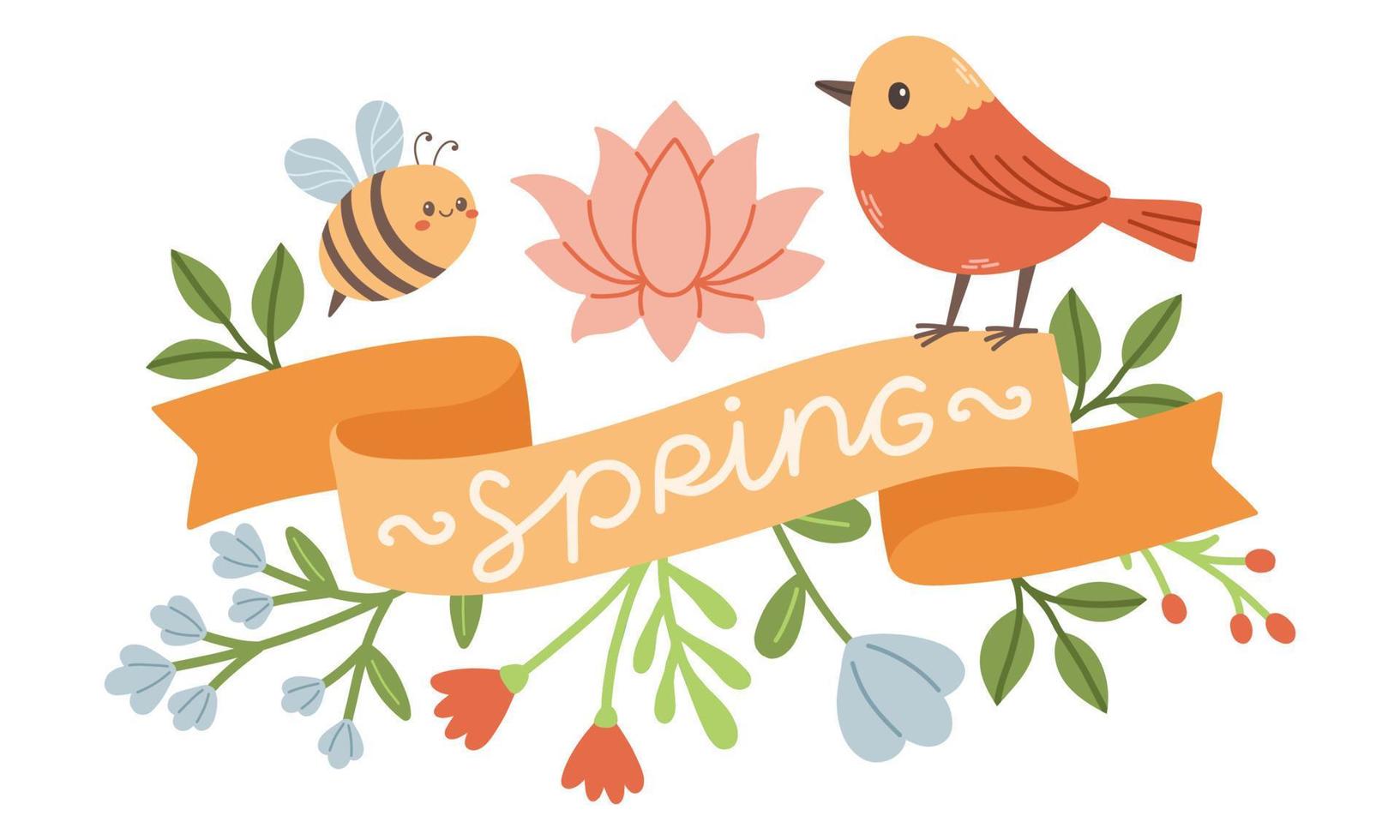 printemps étiquette avec saison devis, oiseau, ruban. main tiré printemps vecteur illustration.