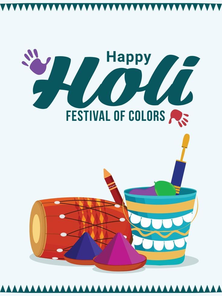 Carte de voeux joyeux holi festival indien avec pot de boue en poudre et peinture colorée vecteur